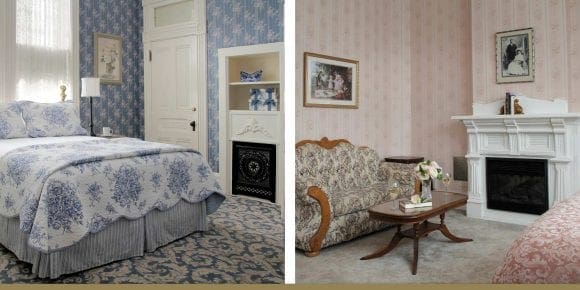 The Eel Valley Suite queen bed and sitting area with fireplace